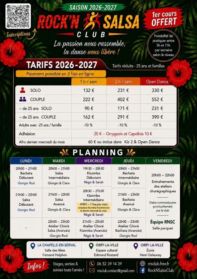 Flyer Rock’n Salsa Club 2026-2027 avec planning, tarifs et QR code d’inscription