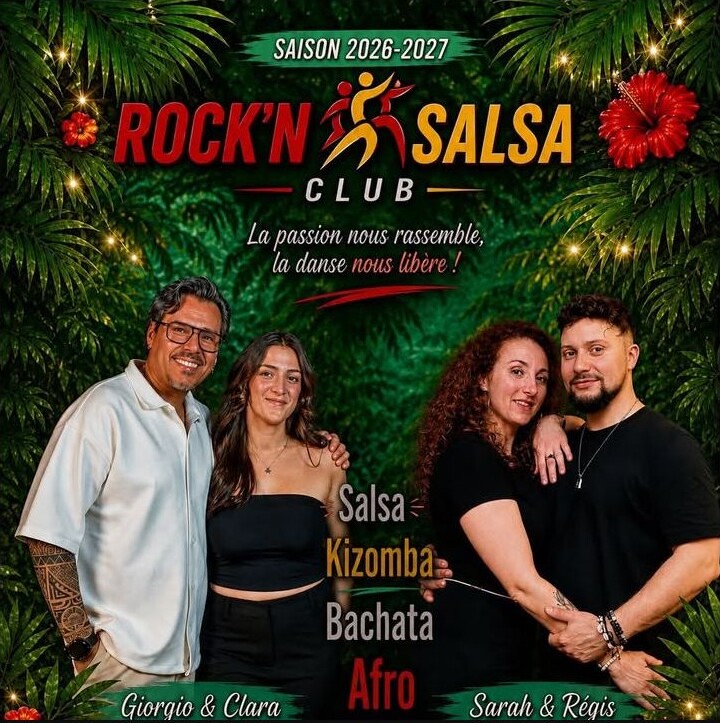 Flyer Rock’n Salsa Club 2026-2027 avec Giorgio, Clara, Sarah et Régis